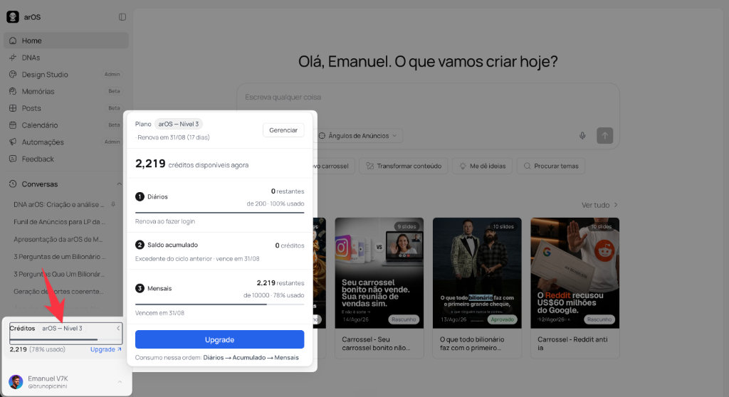 Modal de Créditos na arOS