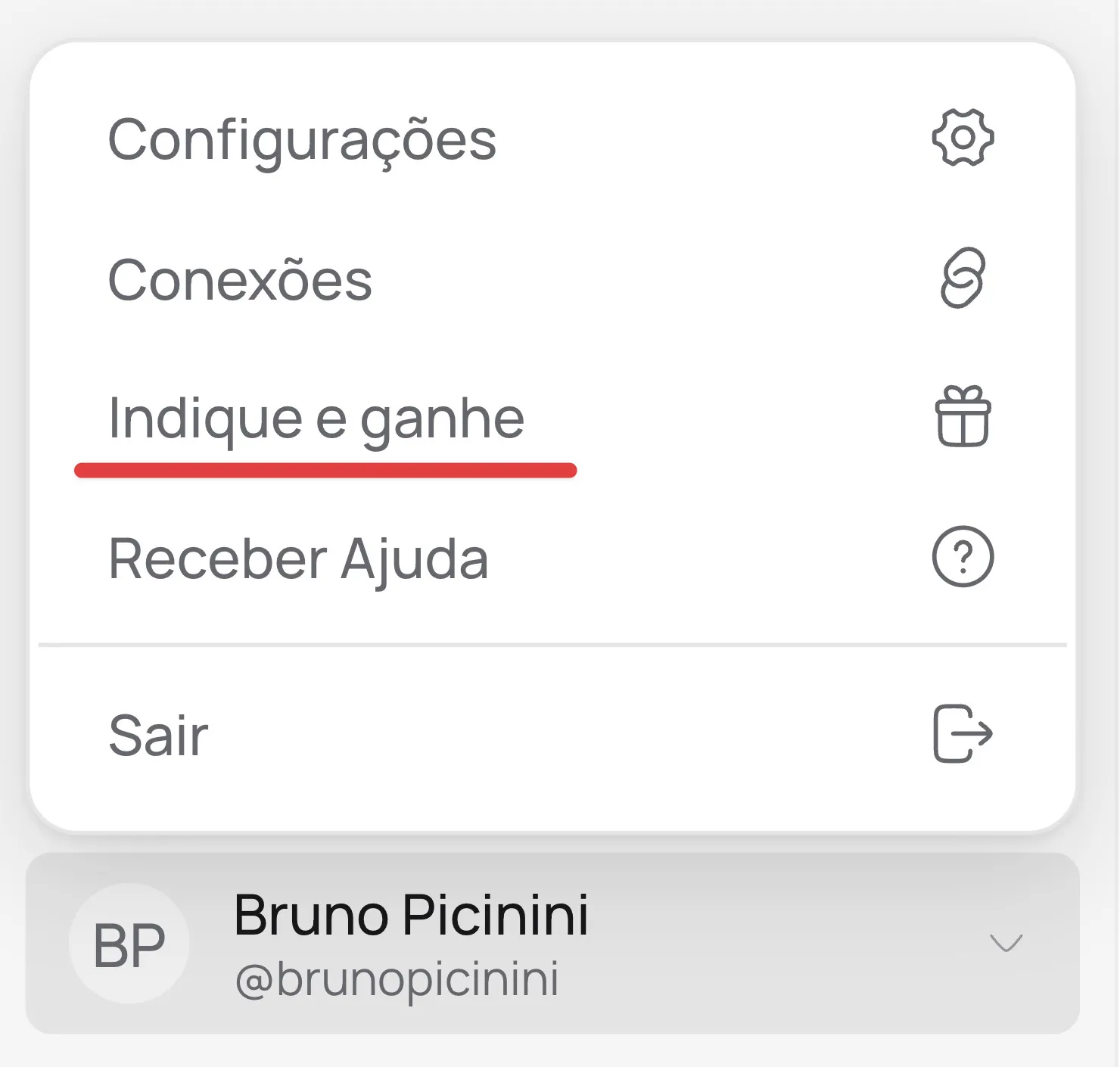 Menu Indique e ganhe