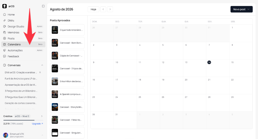 Visão Geral da aba Calendário na arOS